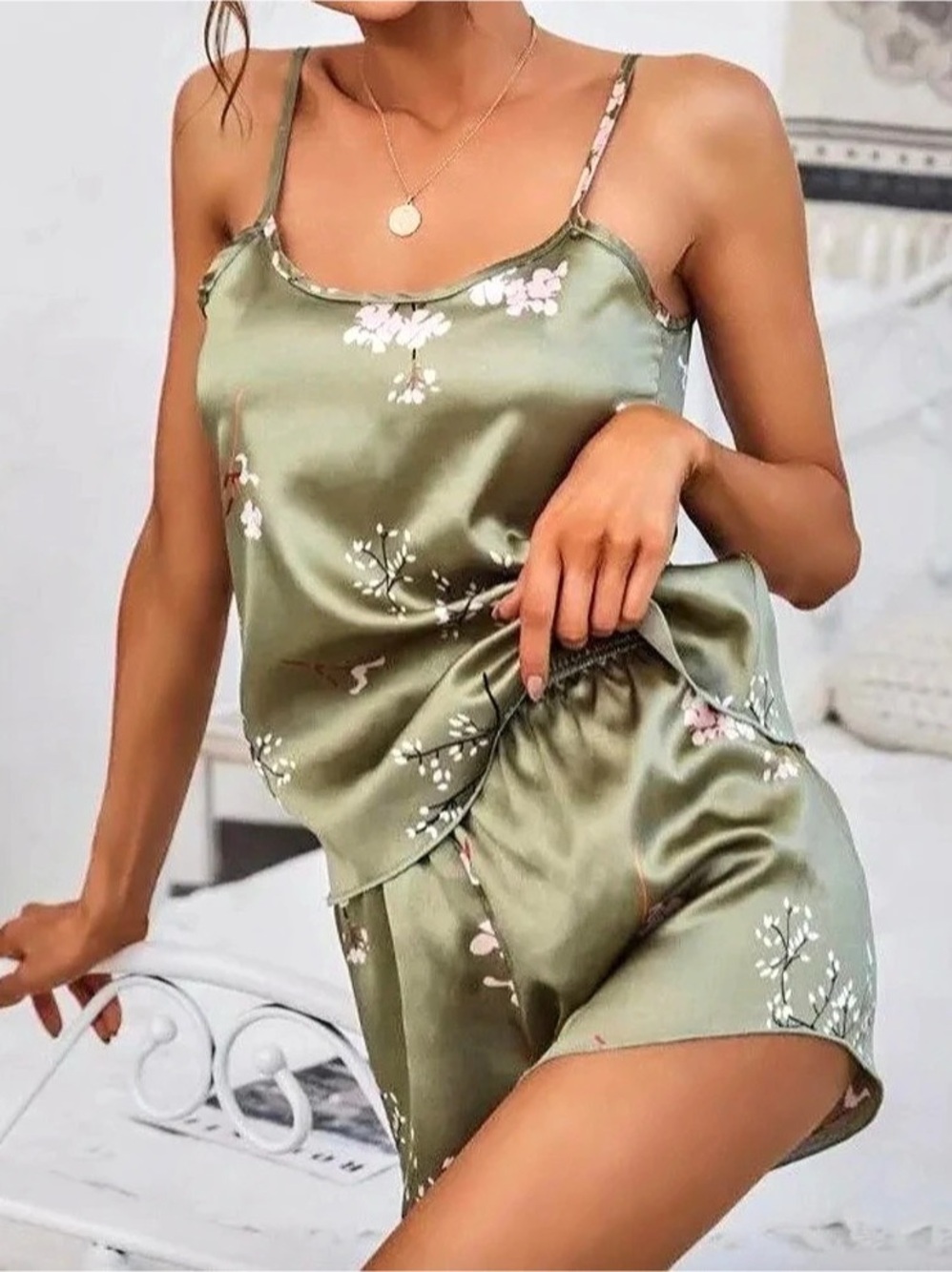 SHEIN Floral Print Satin Cami Top & Shorts PJ Set Green